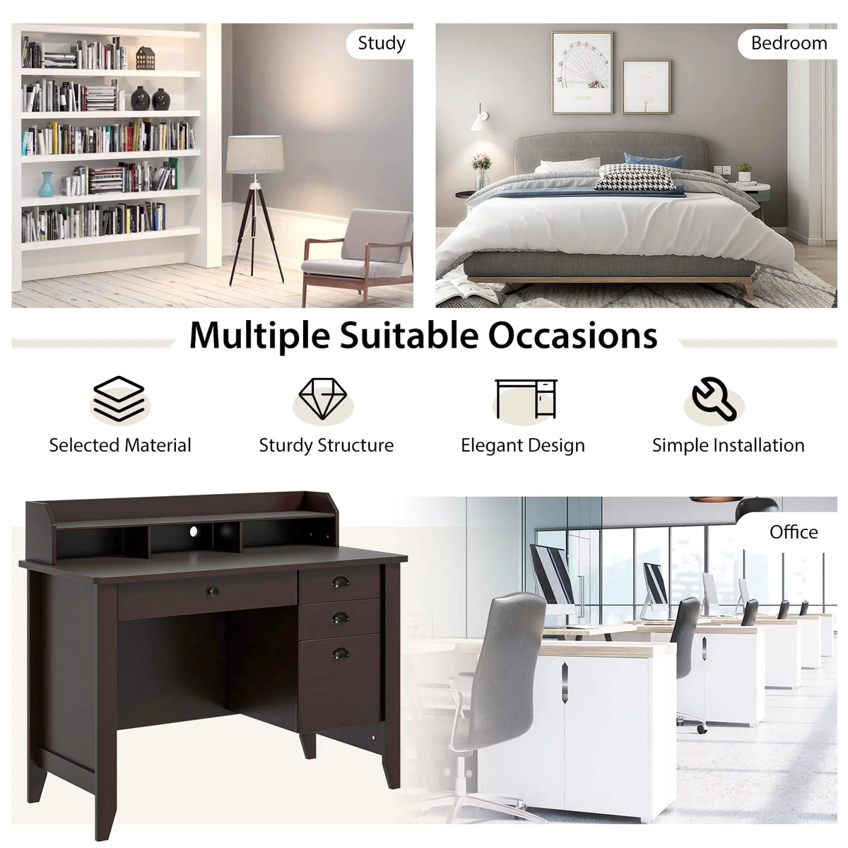 Giantex Computer Desk with 4 Storage Drawers & Hutch
