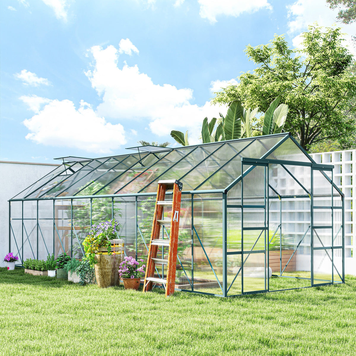 Outsunny Greenhouse Polycarbonate Greenhouse with Rain Gutter, Green