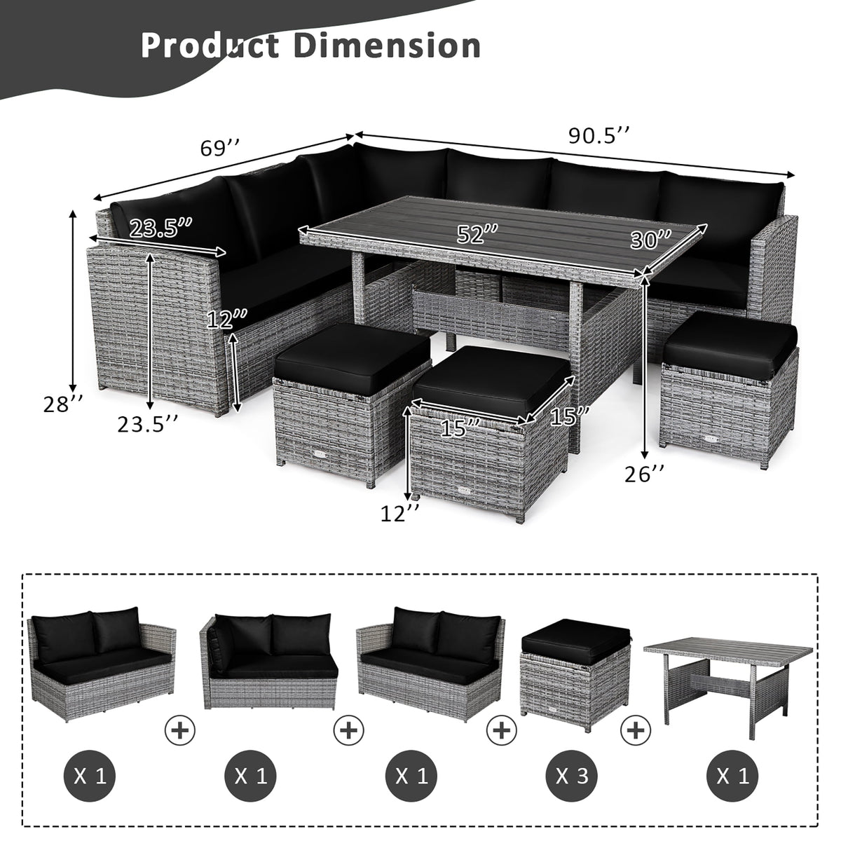 Costway 7 PCS Patio Rattan Dining Set Sectional Sofa Couch Ottoman Garden Black