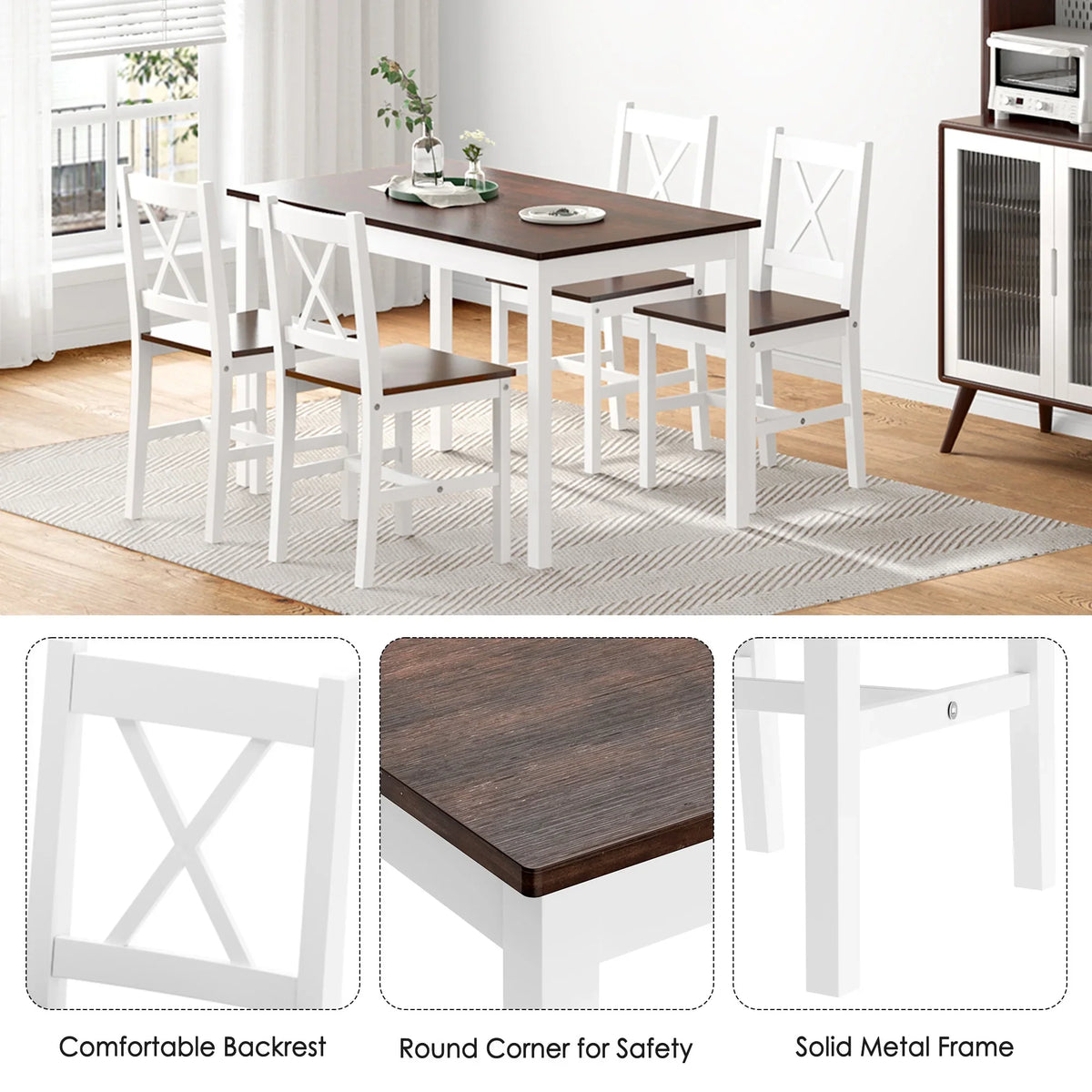 2026 NewSoges 5 Pieces Dining Table Set, Pine Wood Kitchen Dining Table with 4 Chairs, Wood Rectangular kitchen table and chairs for 4, Small Dining Set for Bar Dining Room Breakfast Nook, White and Gray