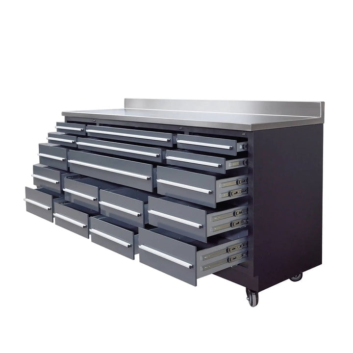 TMG Industrial 17-Drawer Workbench, 7-Ft, TMG Heavy Series, Stainless Steel Top, Ball Bearing Double Slides & Casters, TMG-WB717