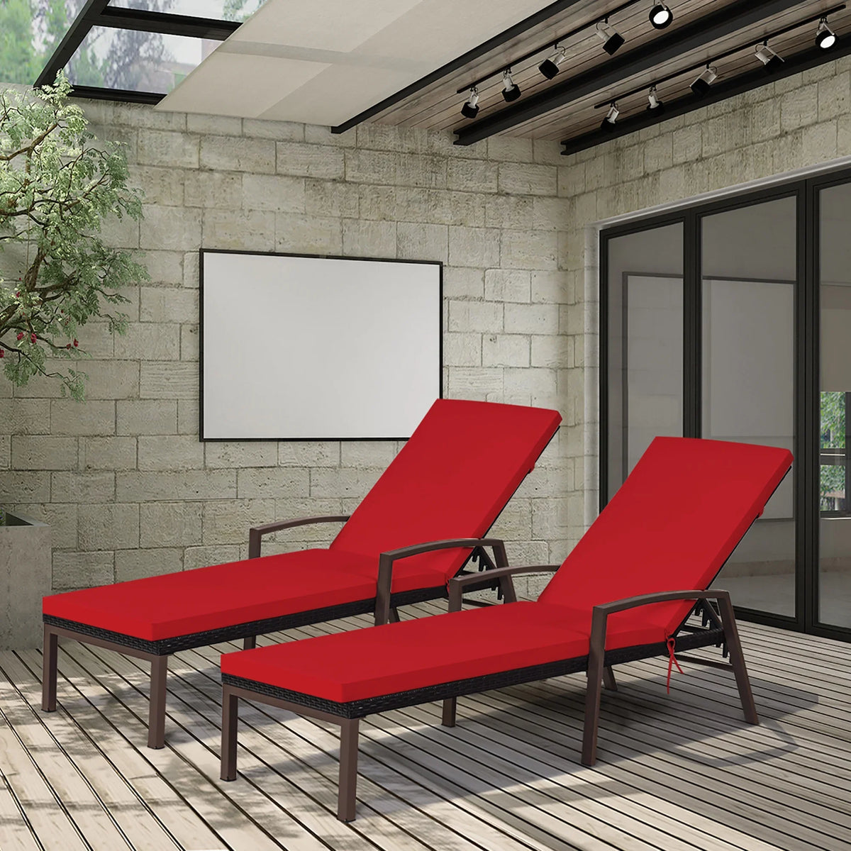 2026 NewCostway 2PCS Patio Rattan Lounge Chair Chaise Recliner Back Adjustable Cushioned Red