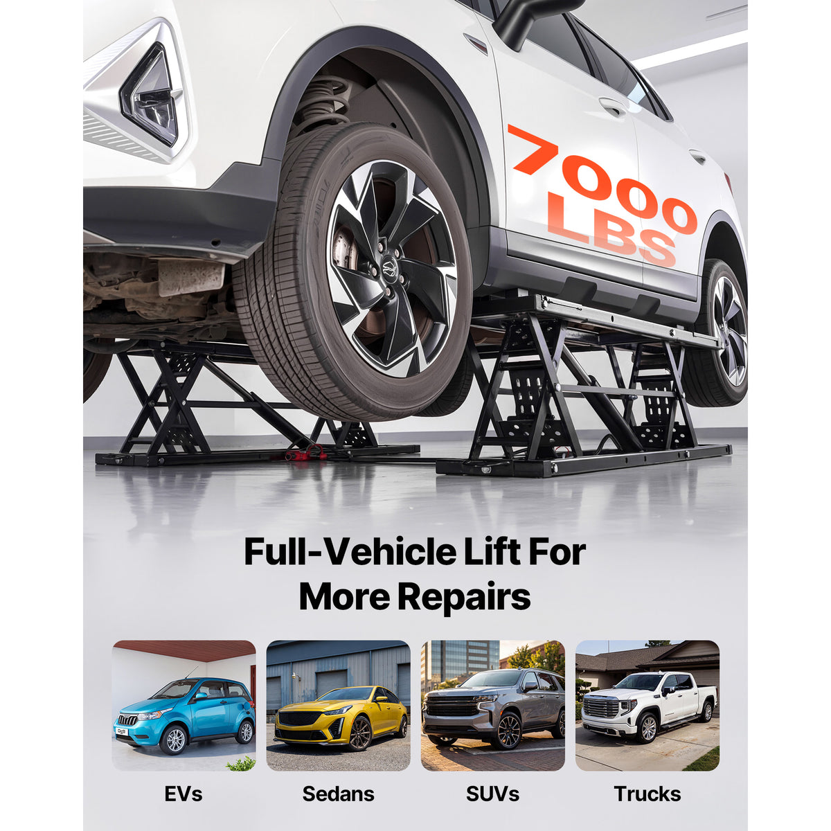 KFFKFF Portable Car Lift, 7000 lbs Capacity, Steel Truck Lift with 26.8" Max Height, Pneumatic Pump, 4 Rubber Pads & 4 Lifting Columns