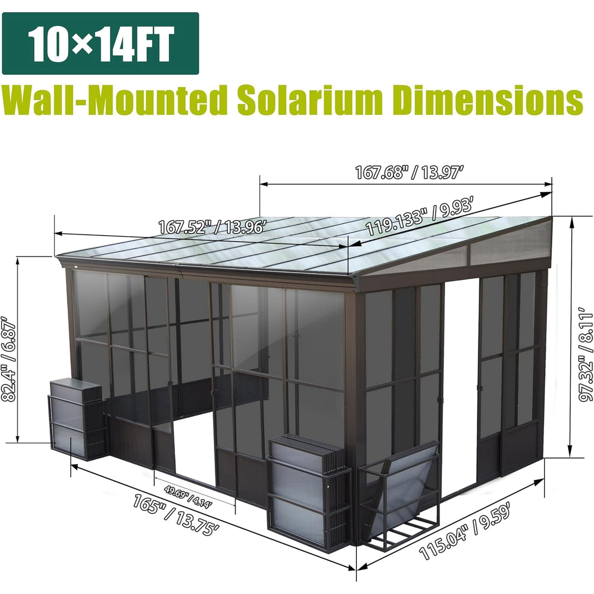 Domi 10x14FT All-Season Sunroom, Aluminum Lean-To Gazebo with Detachable Polycarbonate Windows, 2 Lockable Sliding Doors, for Patio/Garden Deck