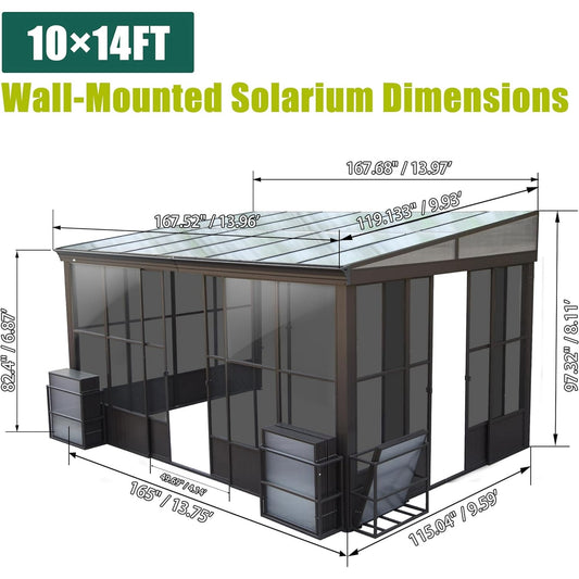 Domi 10x14FT All-Season Sunroom, Aluminum Lean-To Gazebo with Detachable Polycarbonate Windows, 2 Lockable Sliding Doors, for Patio/Garden Deck