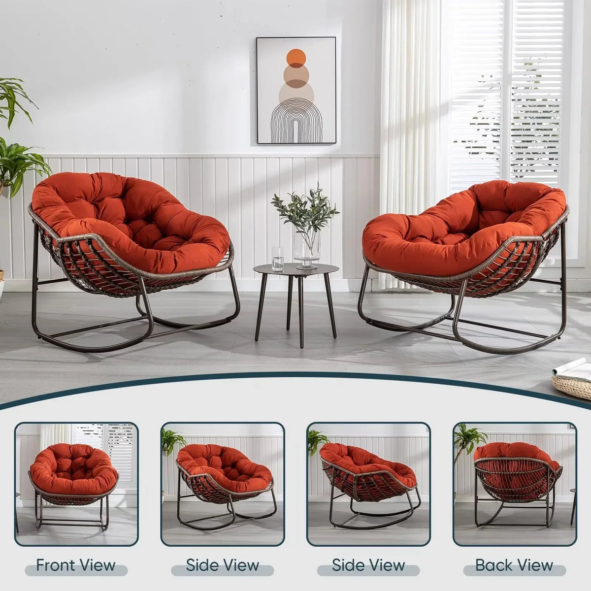 2026 NewOutdoor Papasan Rocking Chair, Patio Oversized Wicker Egg Rocking Chair, Indoor & Outdoor Comfy Rocker Chair with Thick Cushion, Modern Lounge Chair for Front Porch, Garden, Backyard, Grey