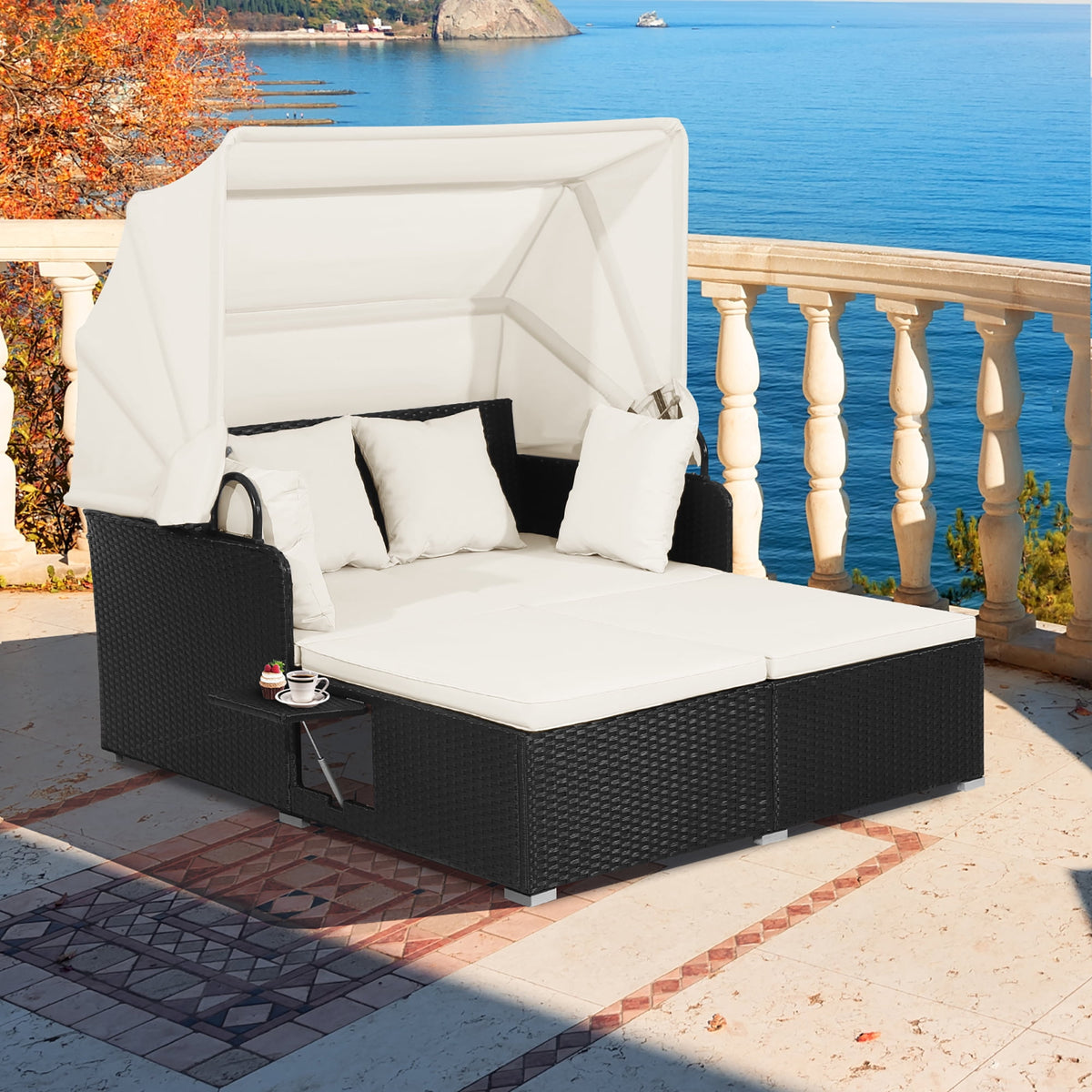 Gymax Patio Hand-Woven PE Wicker Daybed Outdoor Loveseat Sofa Set w/ Off White Cushions