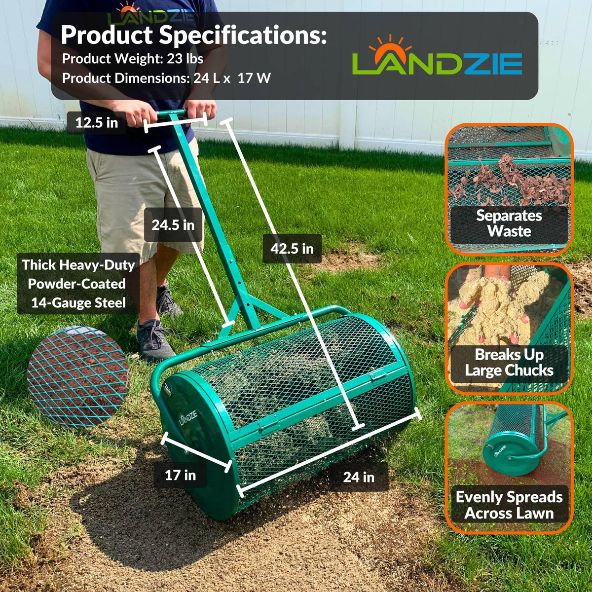 2026 NewLandzie Compost Spreader 24 Inch Walk-Behind Lawn & Garden Spreader with Metal Mesh Basket