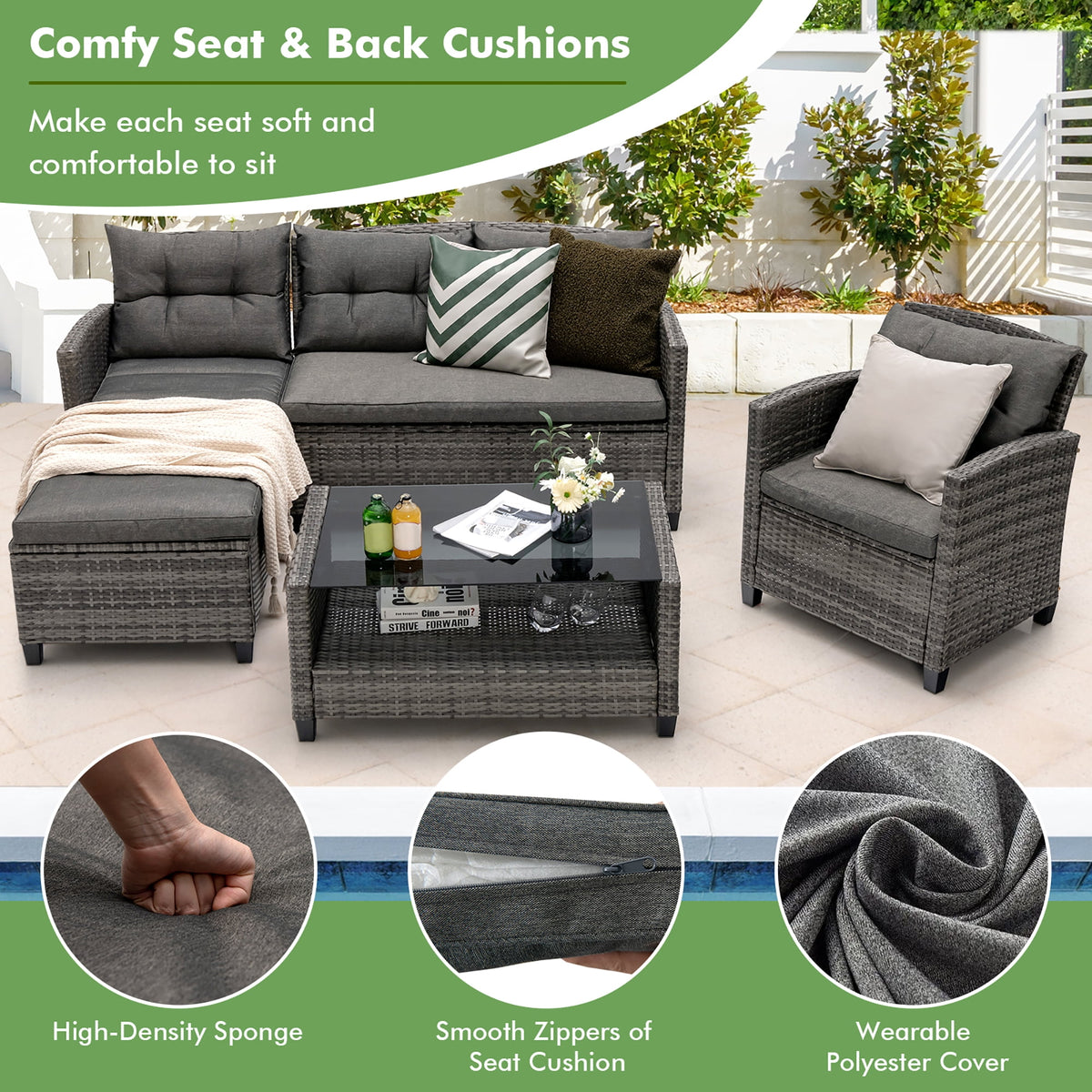 Gymax 4PCS Rattan Patio Conversation Furniture Set Outdoor Sectional Sofa Set
