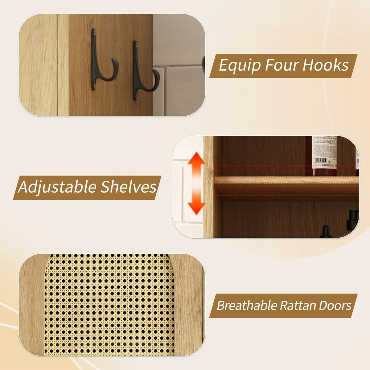 2026 New66-Inch Bathroom Storage Cabinet with Rattan Doors, Bath Room Organizer Floor Cabinets Brown