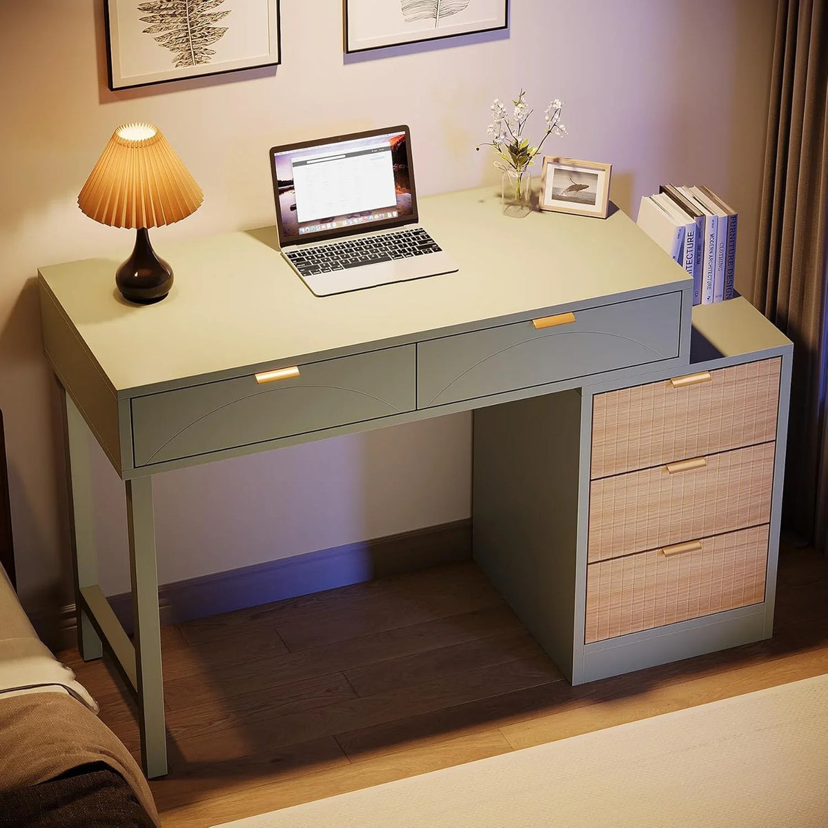 2026 NewTribesigns 39" Reversible Computer Desk with 5 Drawers, Wood Writing Desk for Home Office, Green