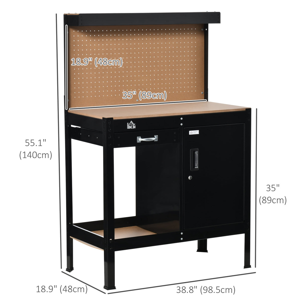 HOMCOM Garage Workbench with Storage Drawer, Peg Board, Lockable Cabinet