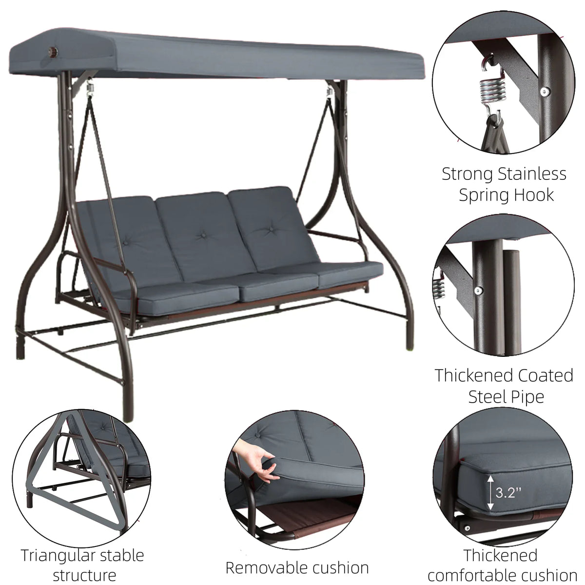 2026 NewArlopu 3 Person Porch Swing Outdoor Converting Canopy Swing Glider with Canopy