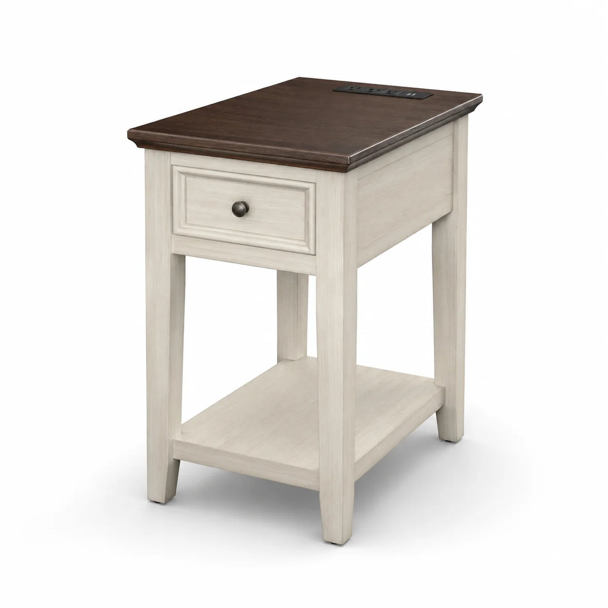 Narrow End Table with USB Charging, Drawer & Shelf, Farmhouse Style