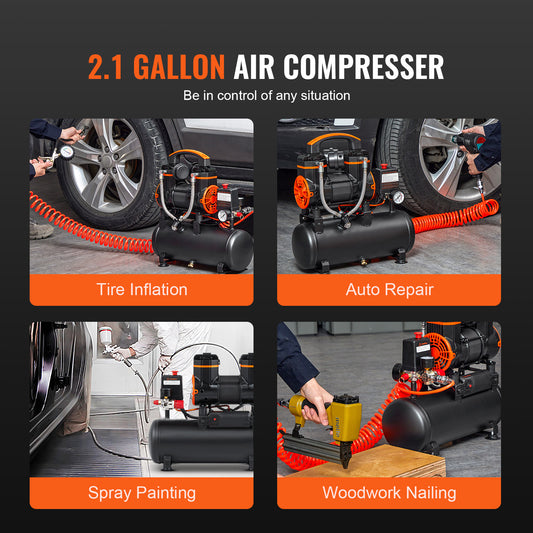 KFFKFF Air Compressor with 2.1 Gallon Capacity, 1.2HP and 2.2 CFM@90PSI, Oil-Free Tank with Maximum Pressure of 116PSI, Ultra-Silent at 70 dB, Ideal for Auto Maintenance, Tire Pumping
