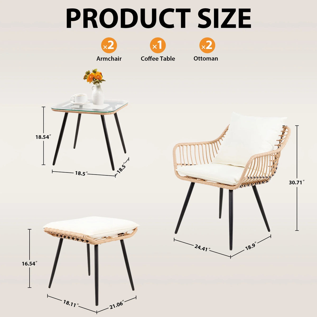 2026 NewAinfox 3-Piece Steel Outdoor Bistro Sets with Metal Chairs and Glass Top Table, Beige