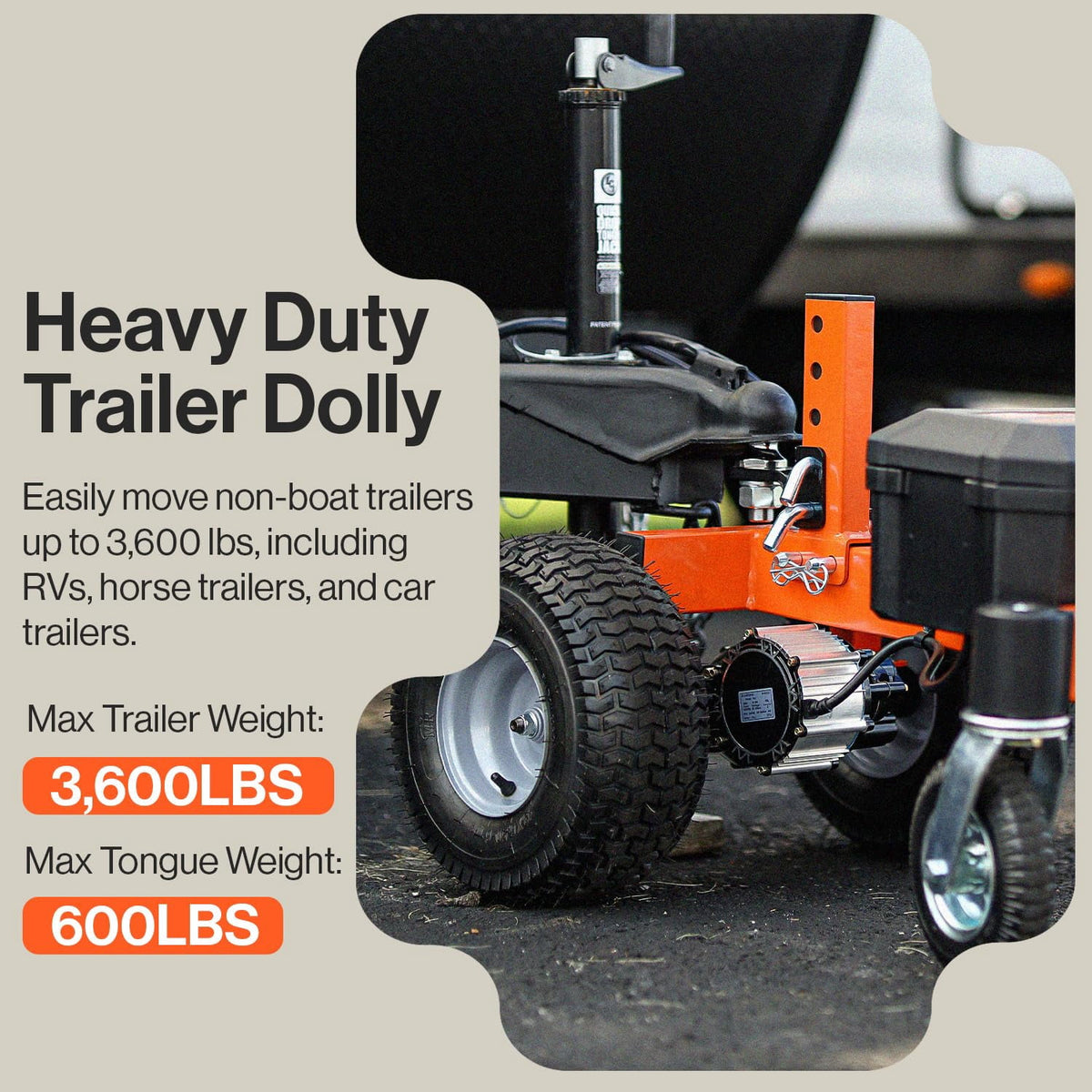 SuperHandy Electric Trailer Dolly 3600 lbs Max Trailer Weight 600 lb Max Tongue Weight DC 24V 800W 7Ah w/Heavy Duty Commercial 2" Ball Hitch Mount