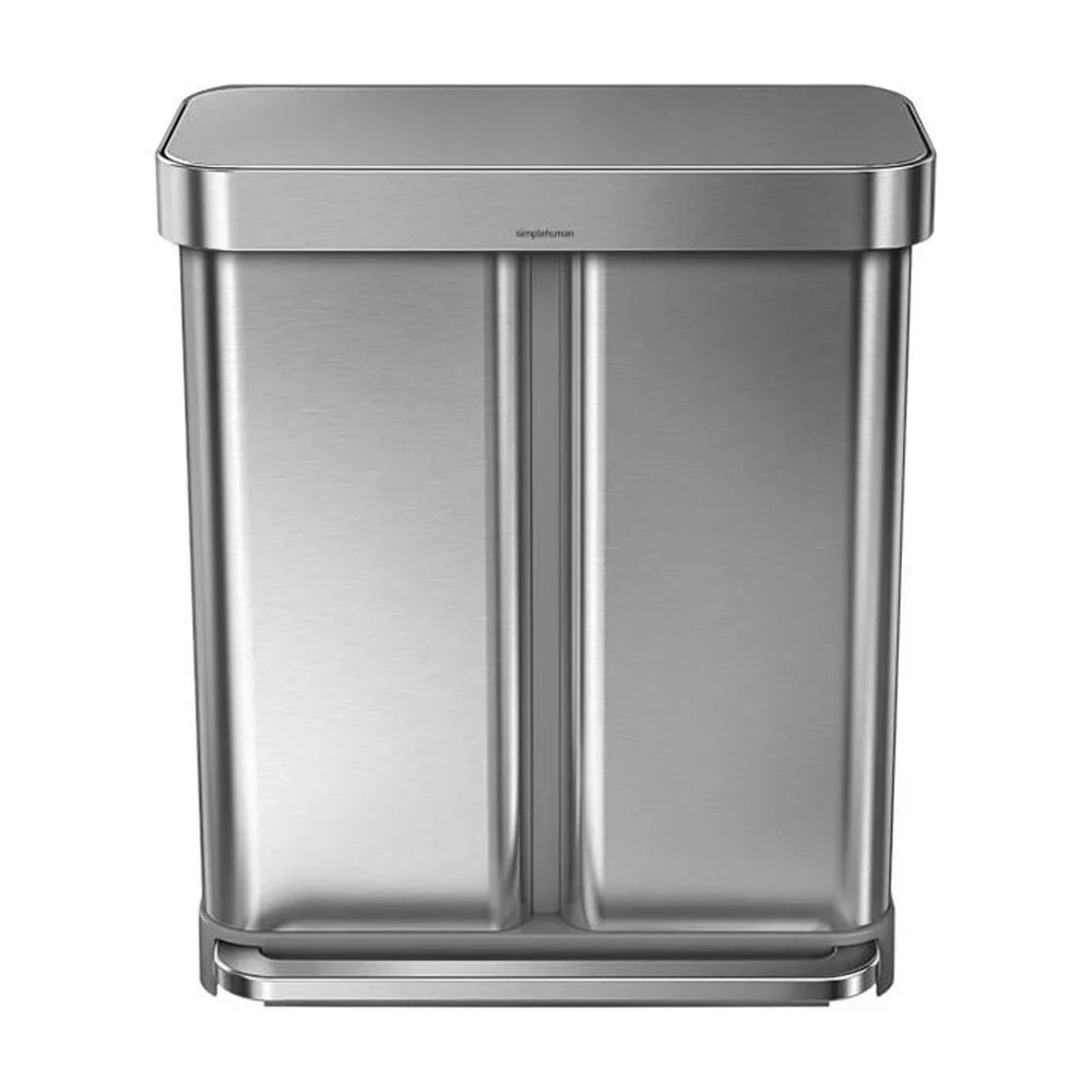 2026 Newsimplehuman 58 Liter / 15.3 Gallon Rectangular Dual Compartment Recycling Step, Brushed Stainless Steel with Soft-Close Plastic Lid Kitchen Trash Can