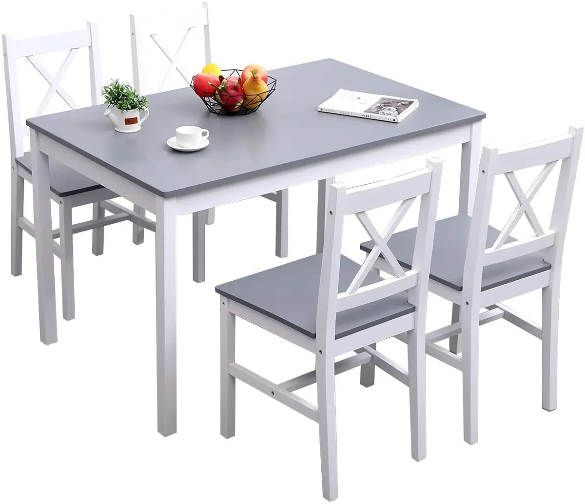2026 NewSoges 5 Pieces Dining Table Set, Pine Wood Kitchen Dining Table with 4 Chairs, Wood Rectangular kitchen table and chairs for 4, Small Dining Set for Bar Dining Room Breakfast Nook, White and Gray