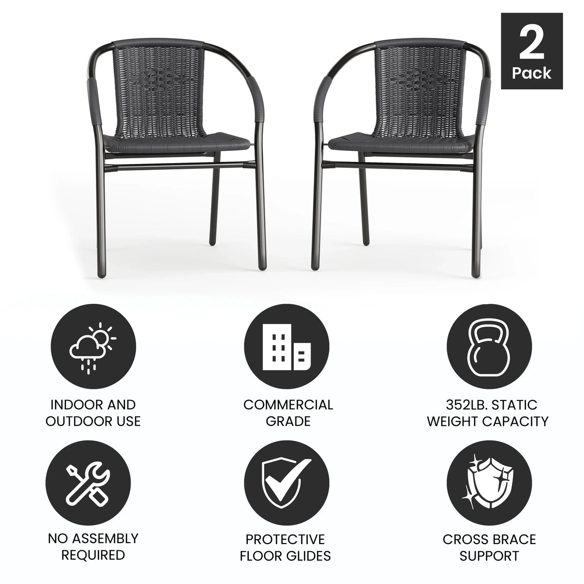 2026 NewEmma + Oliver Indoor/Outdoor Stacking Rattan Restaurant Patio Chairs, Set of 2, Gray