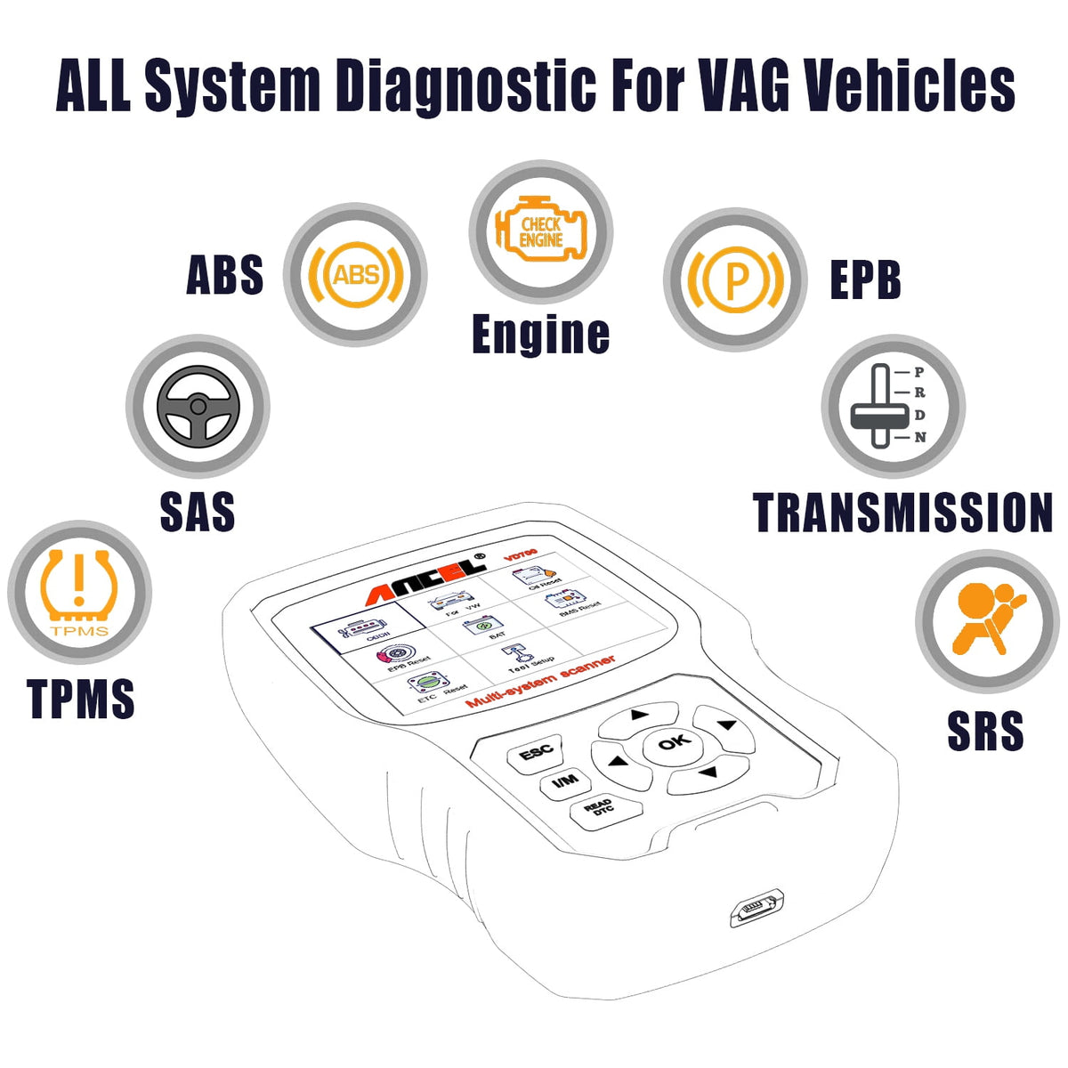 ANCEL VD700 Auto Code Reader for Volkswagen Audi VW Skoda Seat Oil EPB TPMS SAS Reset Service Injector Coding OBD2 Scanner Check Engine OBDII Automotive Car Diagnostic Scan Tool