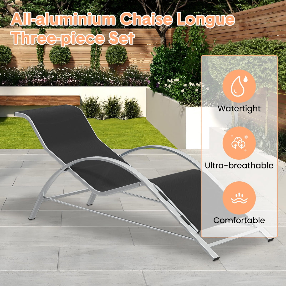 3-Piece Outdoor Chaise Lounge Chair Set – Reclining Patio Loungers with Aluminum Table & Armrests – Weather-Resistant, Modern Tanning Chairs for Poolside, Garden, Beach, Modern Black