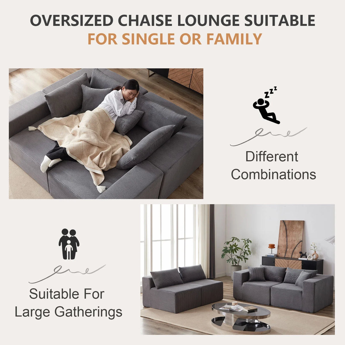 2026 New104-Inch Corduroy Modular L Shaped Sectional Sofa,Luxury Floor Couch Set,Upholstered Indoor Furniture,Foam-Filled Compressed Sofa for Living Room,Bedroom,4 PC Free Combination