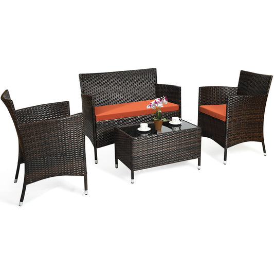 Costway 4PCS Rattan Patio Furniture Set Cushioned Sofa Chair Coffee Table Orange