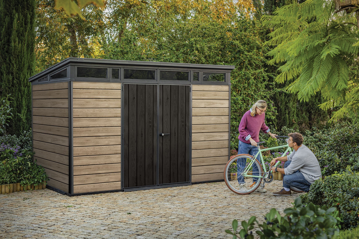 2026 NewKeter Signature 11x7 ft. Durable Resin Outdoor Storage Shed With Heavy Duty Floor and Locking Door, Walnut
