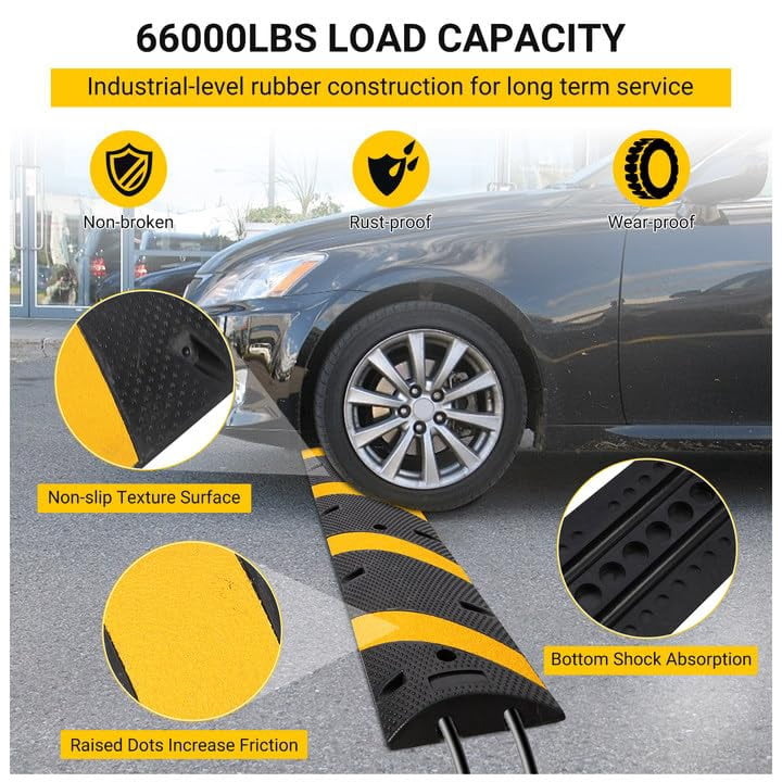 Speed Bumps Rubber Speed Bumps – 6FT Heavy Duty Cable Ramp (2 Pack), 66,000 LBS Load Capacity, High-Visibility Yellow/Black, Modular Design – for Parking Lots, Warehouses, Schools, Hotels