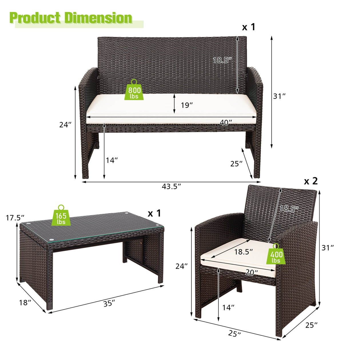 Gymax 8PCS Patio Conversation Set Outdoor Rattan Furniture Set w/ White Cushions