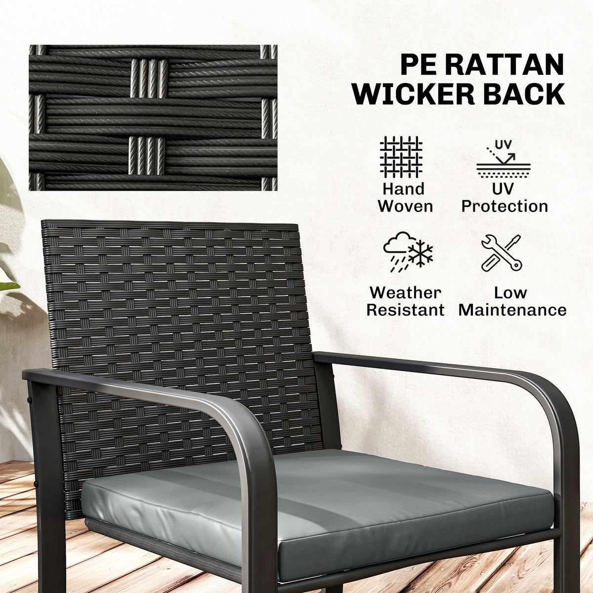 Outsunny Wicker Patio Furniture Bistro Set with Cushion Mesh Seat, Grey