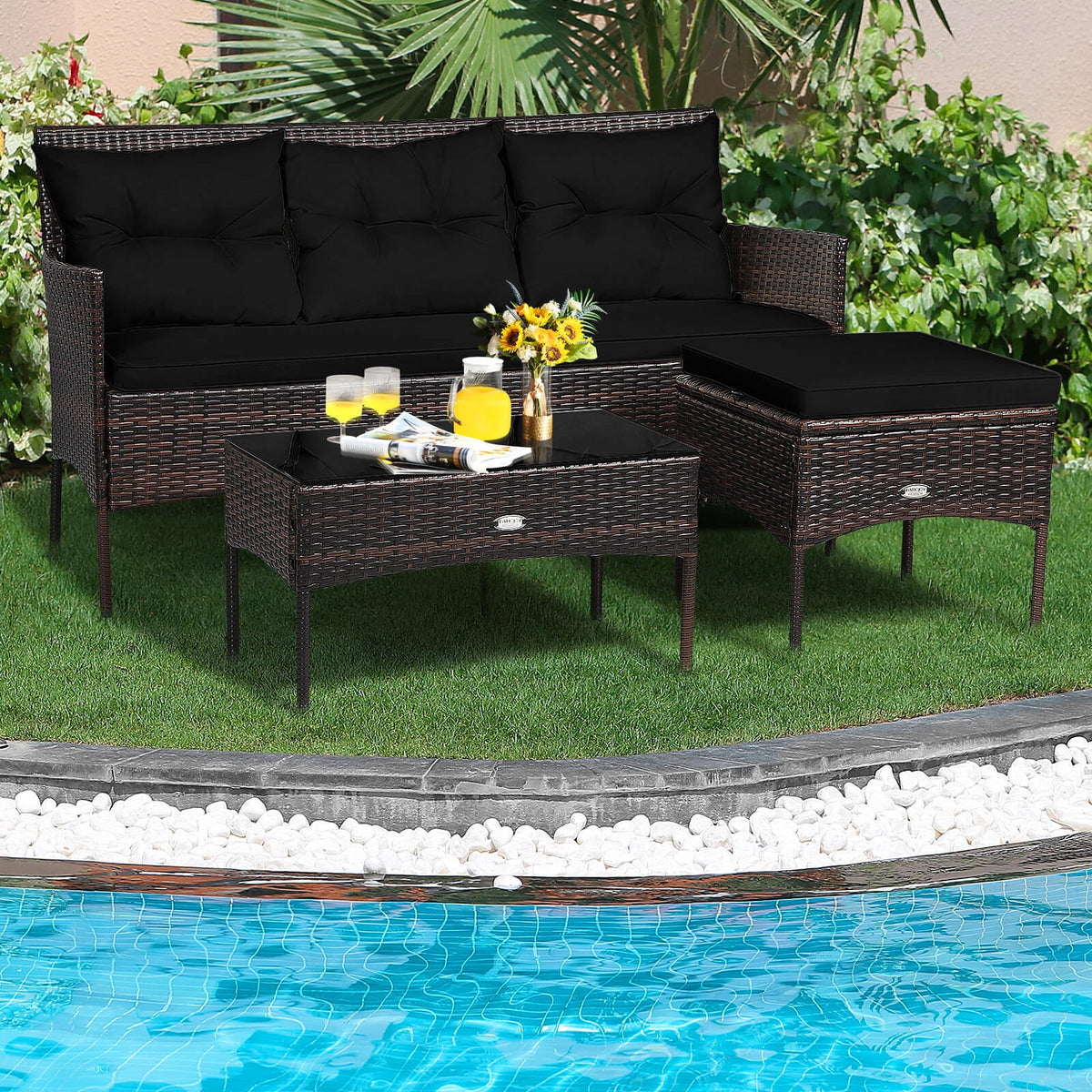 Costway 3 PCS Patio Rattan Furniture Set 3-Seat Sofa Cushioned Table Garden Black