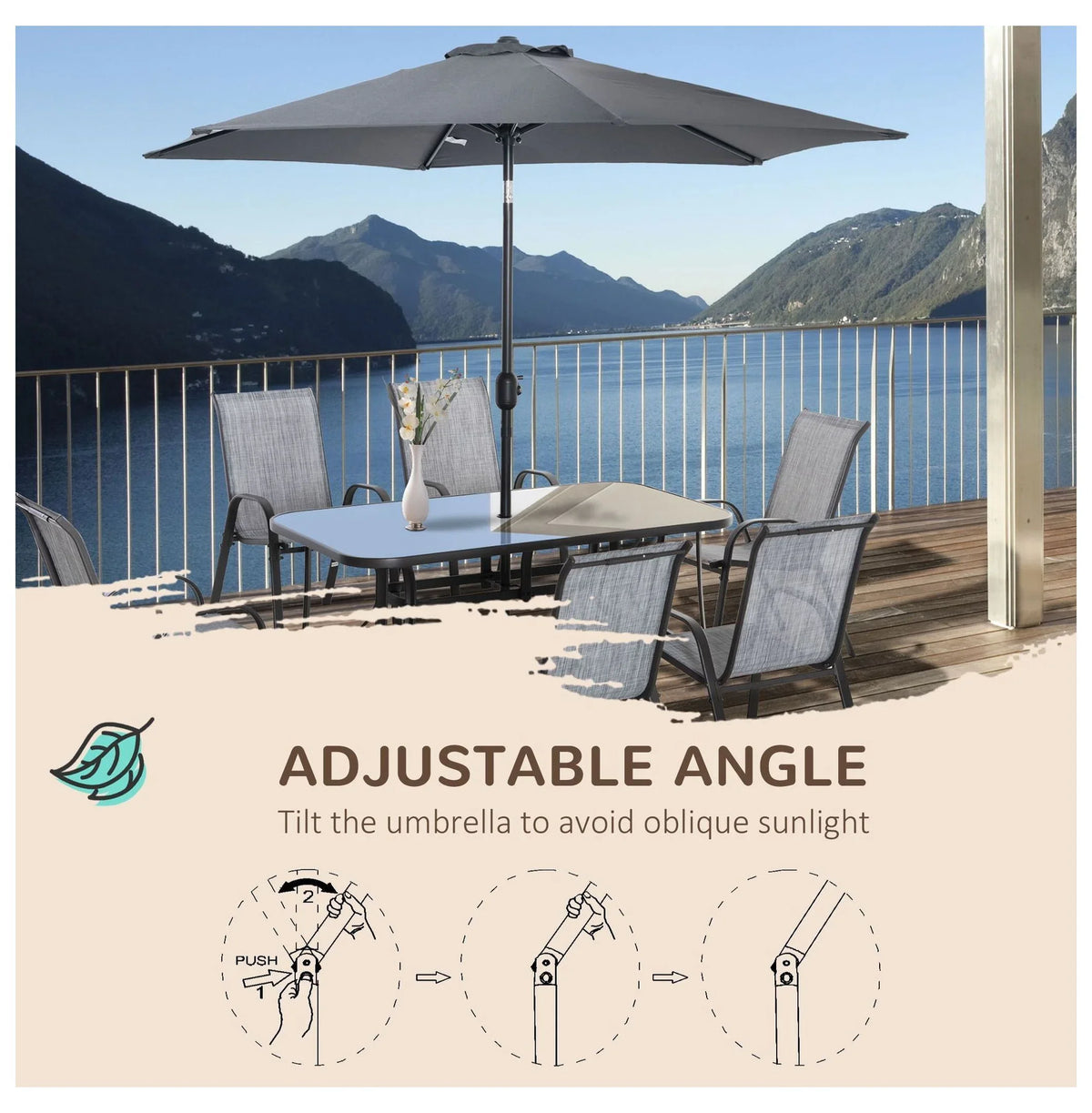 2026 New8-Piece Outdoor Dining Set with Umbrella, Patio Table and Chairs, Fast-Dry Fabric, 6 Chairs, Grey