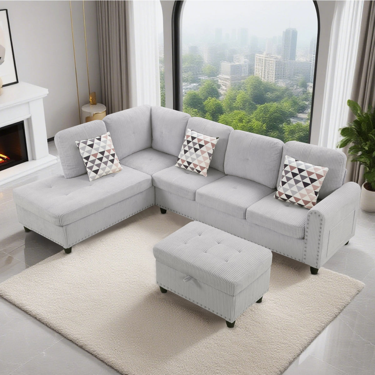 2026 NewAENKYO 95" L-Shaped Corduroy Modular Sectional Sofa with Ottoman & Cup Holders �C Living Room Couch for Apartments"Light Gray