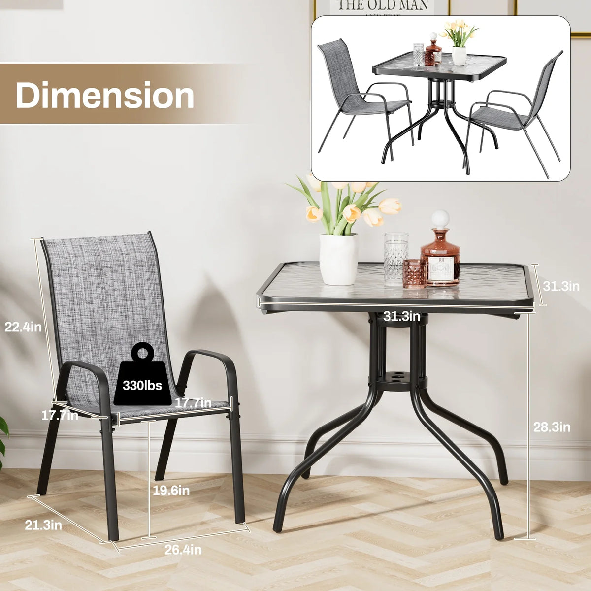 2026 NewPirecart 5-Piece Outdoor Patio Dining Table Set with 4 Stackable Textilene Chairs for for Patio, Lawn, Garden, Gray