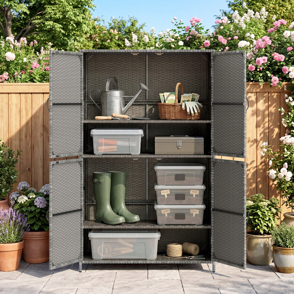 Costway Outdoor Storage Cabinet with Adjustable Shelves & Anti-Toppling Device for Garden Mix Gray