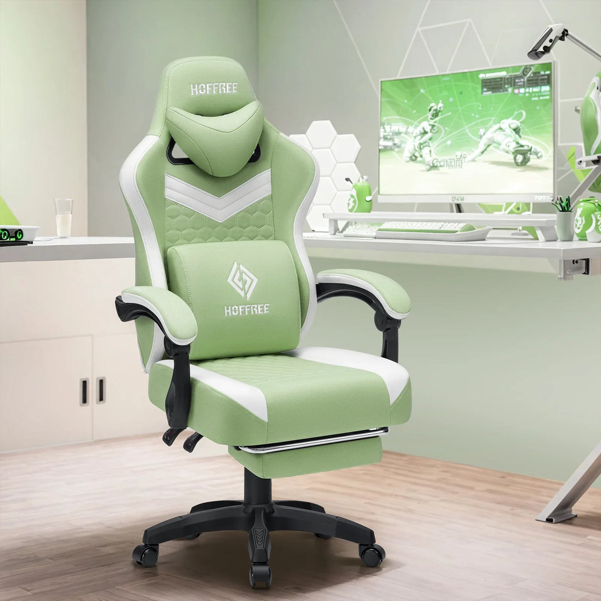 2026 NewHoffree Gaming Chair with Massage Fabric Office Chair with footrest for Adults, Ergonomic Gamer Chair with Headrest and Lumbar Support for Office Gaming, 440 LBS
