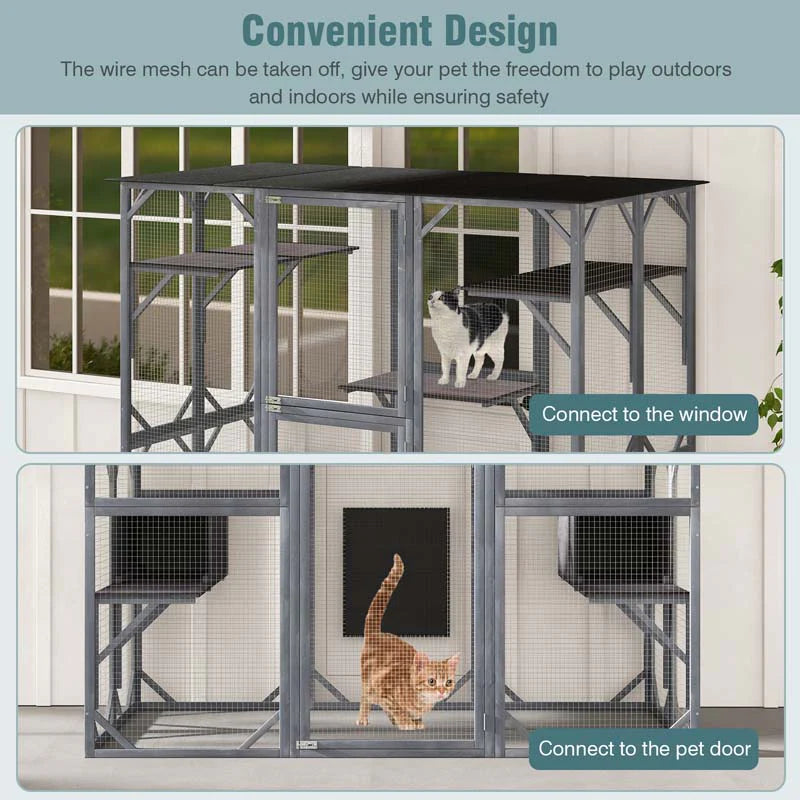 71" Tall Large Cat House Outdoor Catio Kitty Enclosure, Walk-in Cat Kennel Condo, Wooden Cat Cage Playpen with 7 Platforms