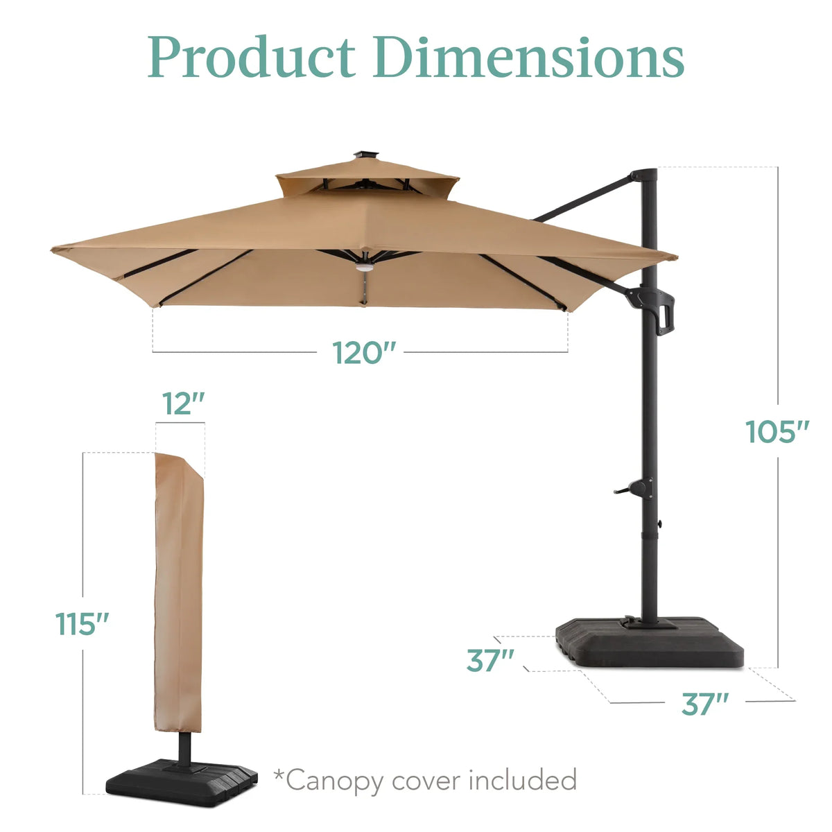 2026 NewBest Choice Products 10x10ft 2-Tier Square Outdoor Solar LED Cantilever Patio Umbrella w/ Base Included - Tan