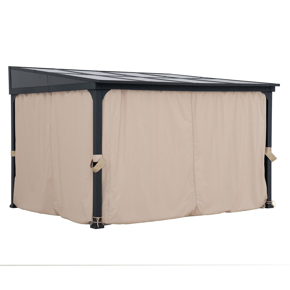 Sunjoy Outdoor Wall Mounted Gazebo 10ft. x 12ft. ,Metal Frame with Polycarbonate Roof, Black Aluminum & Metal Lean-To Gazebo with Curtains and Netting
