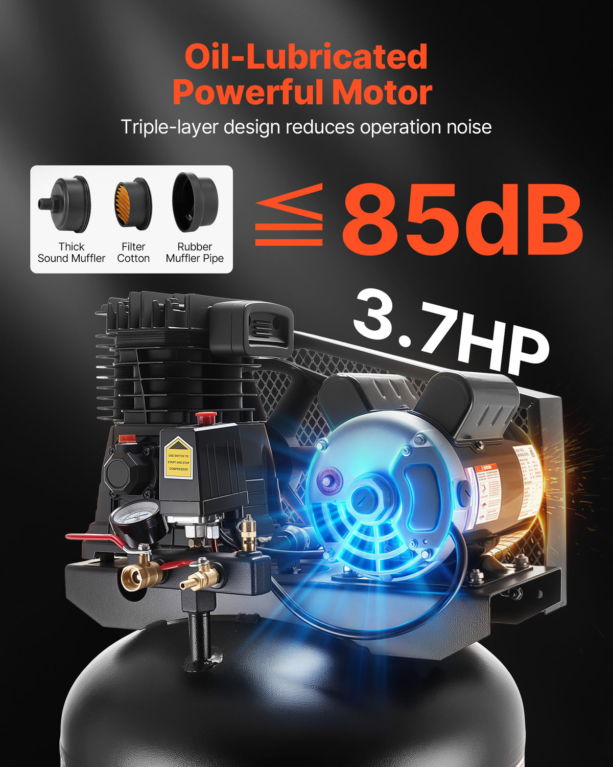 VEVOR 60 Gallons Heavy-Duty Air Compressor, 3.7HP 8 SCFM at 90PSI Air Compressors Max 155PSI Pressure, Oil-Lubricated Compressor Tank(230V 60Hz, No-Plug)