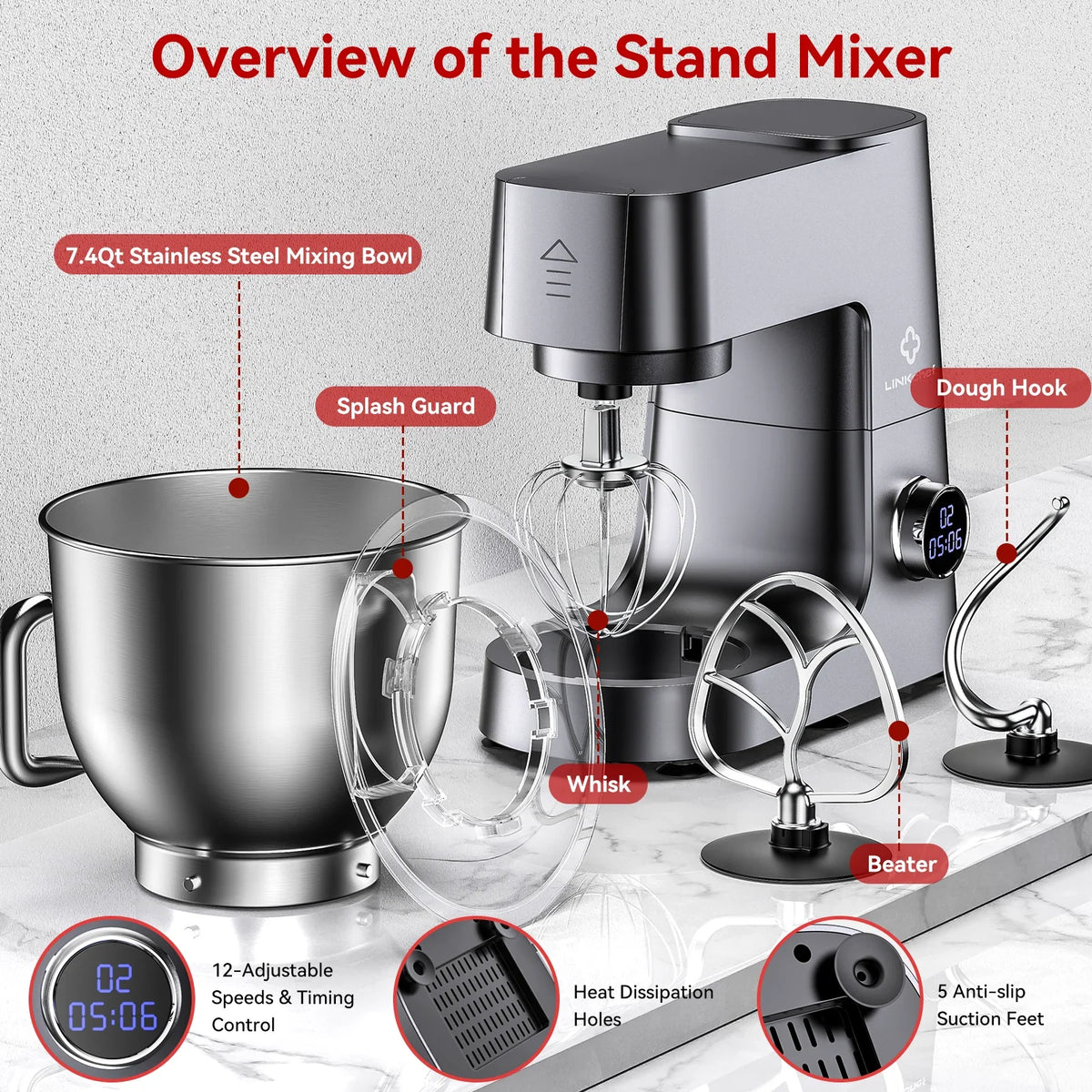 2026 NewLINKChef 7.4 Quart Stand Mixer, 800W 12-Speed Tilt-Head Food Mixer, Kitchen Electric Mixer with Dough Hook, Wire Whip & Beater