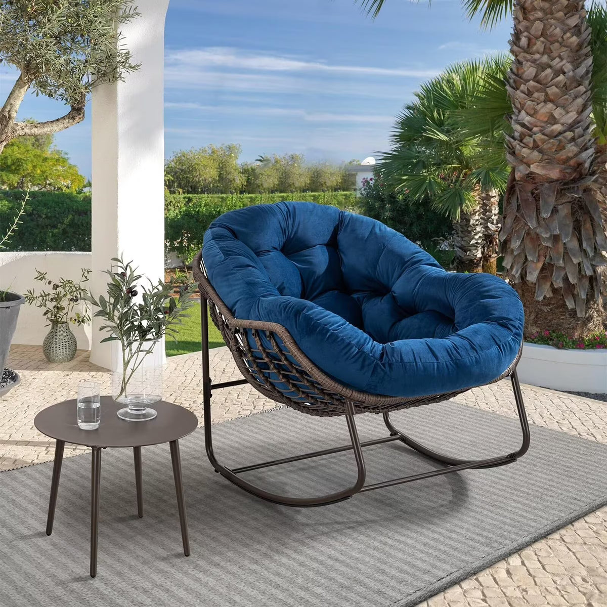 2026 NewOutdoor Papasan Rocking Chair, Patio Oversized Wicker Egg Rocking Chair, Indoor & Outdoor Comfy Rocker Chair with Thick Cushion, Modern Lounge Chair for Front Porch, Garden, Backyard, Grey
