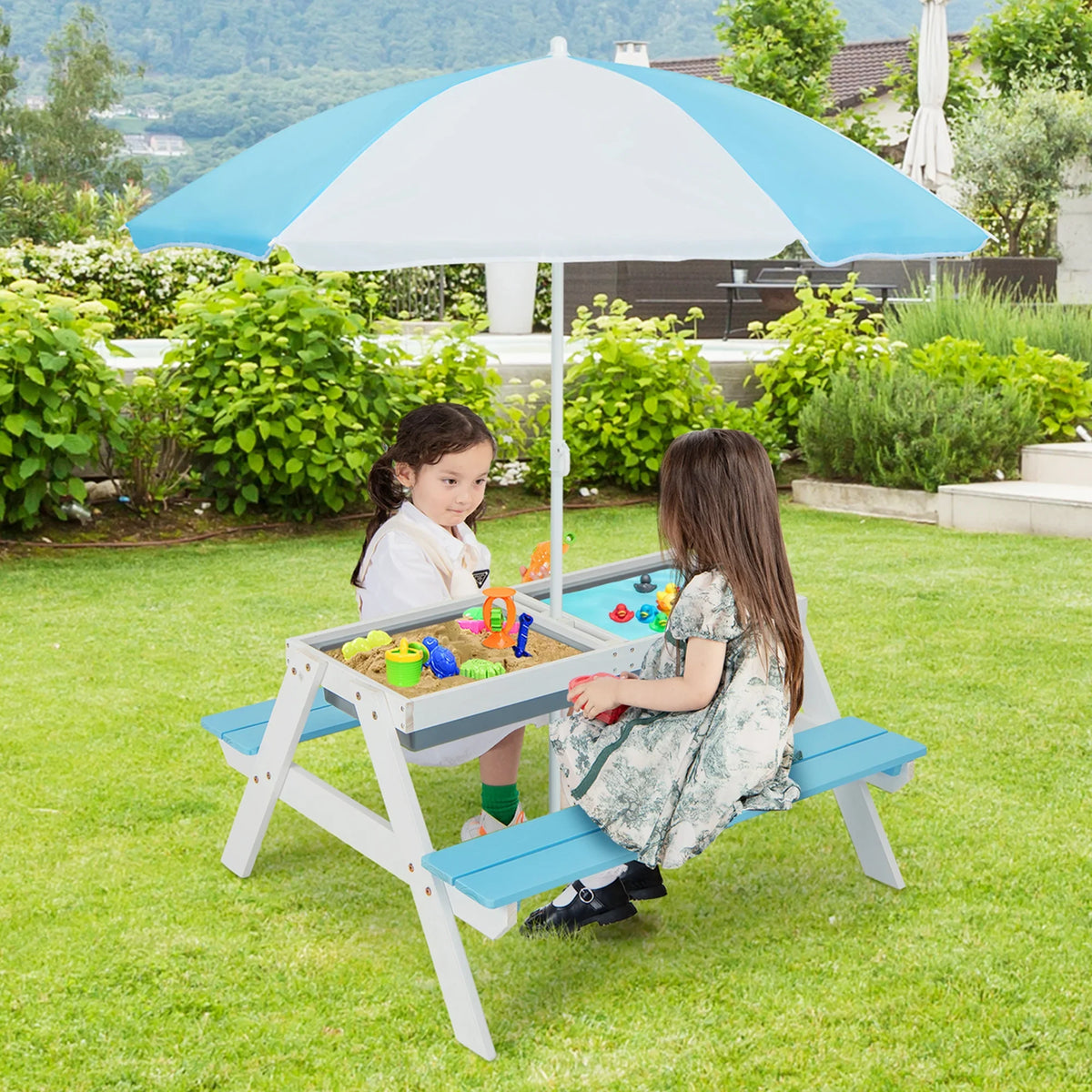 2026 NewCostway 3-in-1 Kids Picnic Table Wooden Outdoor Sand & Water Table with Umbrella Play Boxes Green