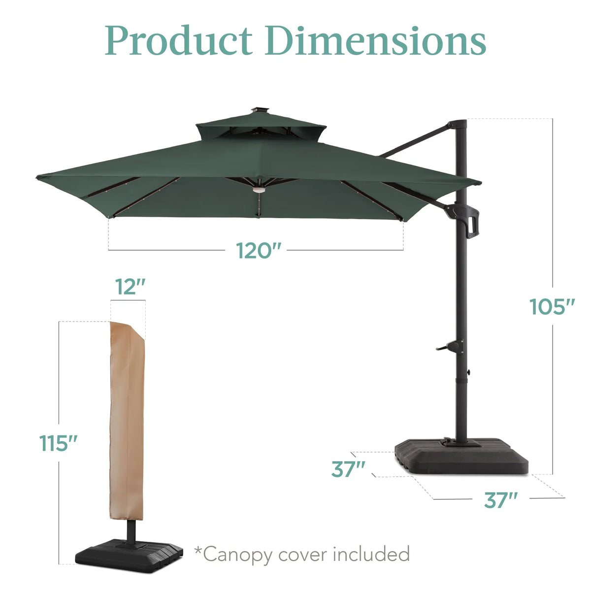 2026 NewBest Choice Products 10x10ft 2-Tier Square Outdoor Solar LED Cantilever Patio Umbrella w/ Base Included - Tan