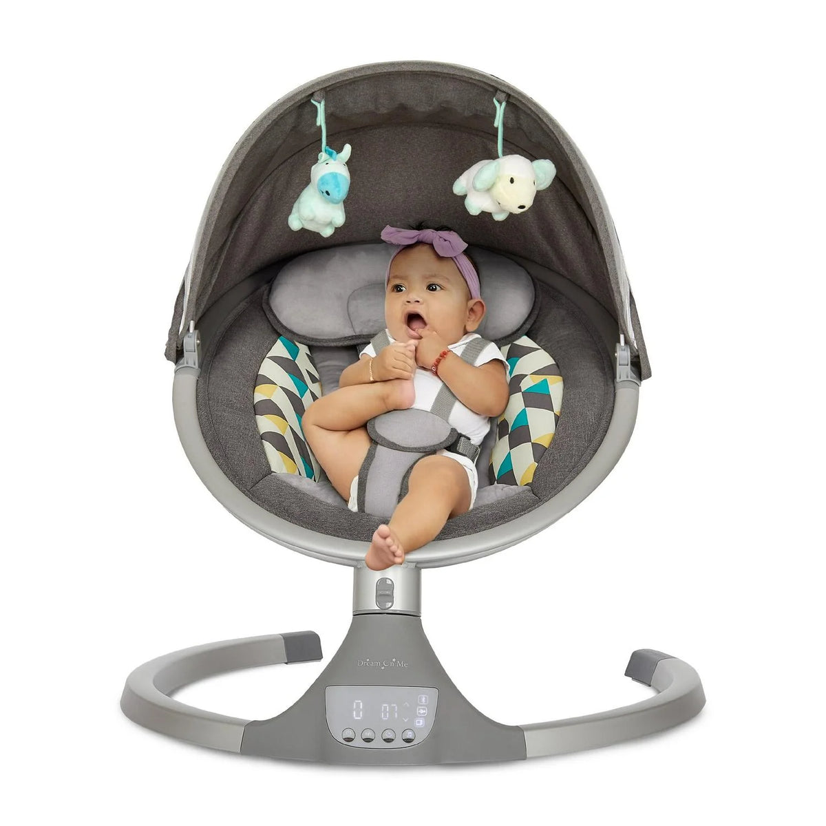 2026 NewDream On Me Zazu Baby Swing. Baby Swing for Infant. 5 - Swinging Speed. Two Attached Toys. Bluetooth Enabled and Remote Control. Grey and Blue