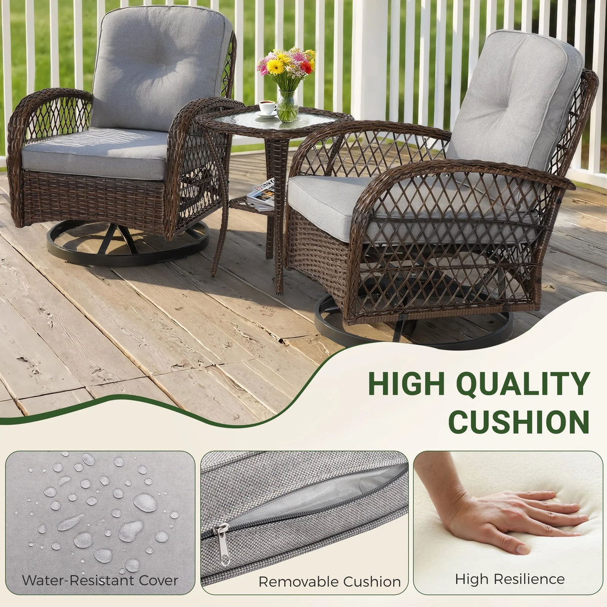 2026 New3 Piece Patio Swivel Rocker Chairs Set, 2 360-Degree Swivel Rocking Chairs with 1 Glass Top Table, PE Rattan Outdoor Bistro Set with Cushions for Balcony Deck Poolside Backyard Porch