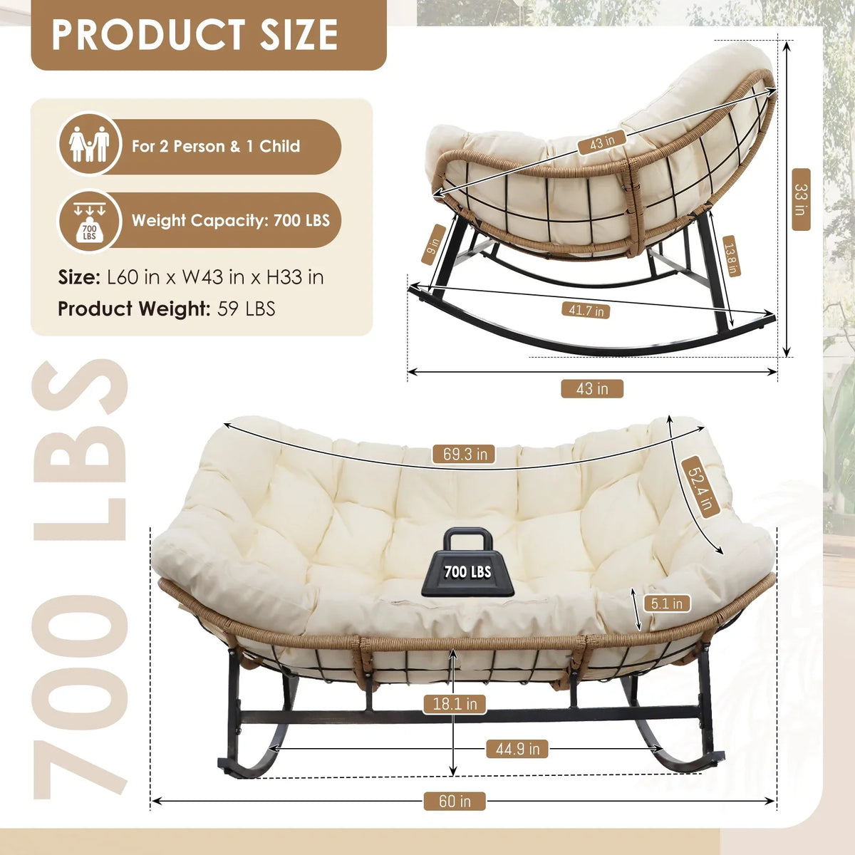 2026 NewRADIATA Beige Double Outdoor Rocking Chair, 2 Person Patio Rocking Egg Chair with Thick Cushion