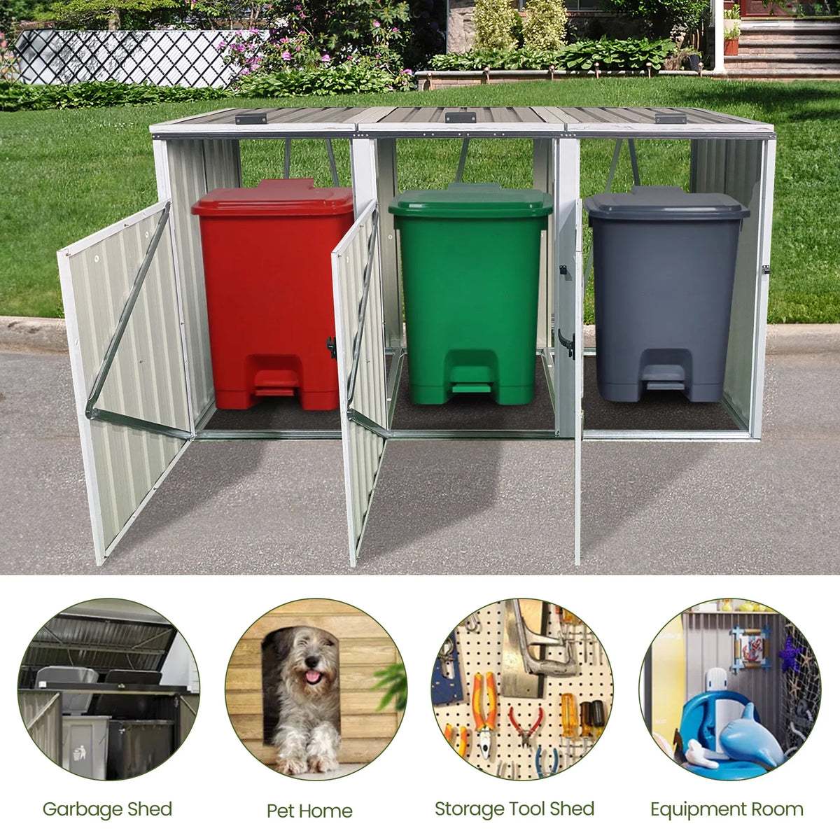 2026 NewAukfa 7.3' W Outdoor Garbage Bin Storage, Metal Storage Shed for 3 Trash Cans Tools, Waterproof Trash Can Storage